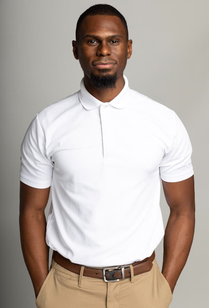Khaleel Barnwell, youth pastor, professional portrait in a white polo